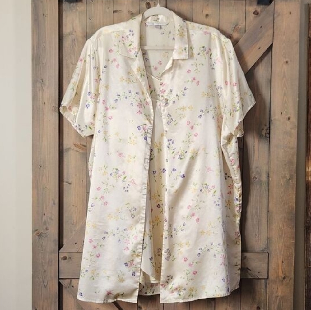 Cacique Floral Satin Nightgown Set Nightie and Button Top Size 14/16 EXCELLENT